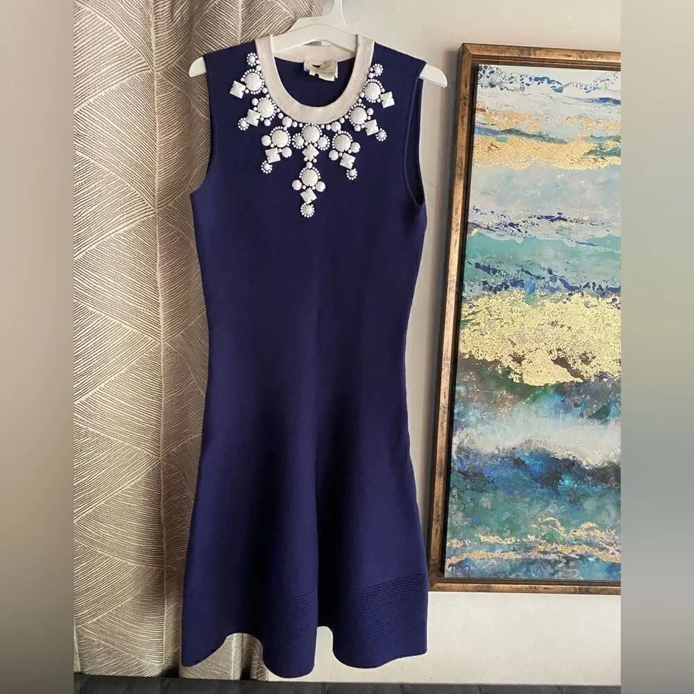 Kate Spade Mini Dress Womens Size Small Navy Sleeveless Jewelry White Cotton